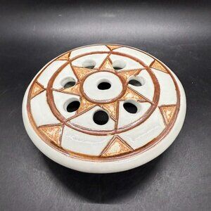 Studio Art Pottery Flower Frog 8-hole Geometric Artist Signed 4.75" W/ Lip